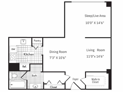 Floor plan for studio, 1 bath, 762 sqft